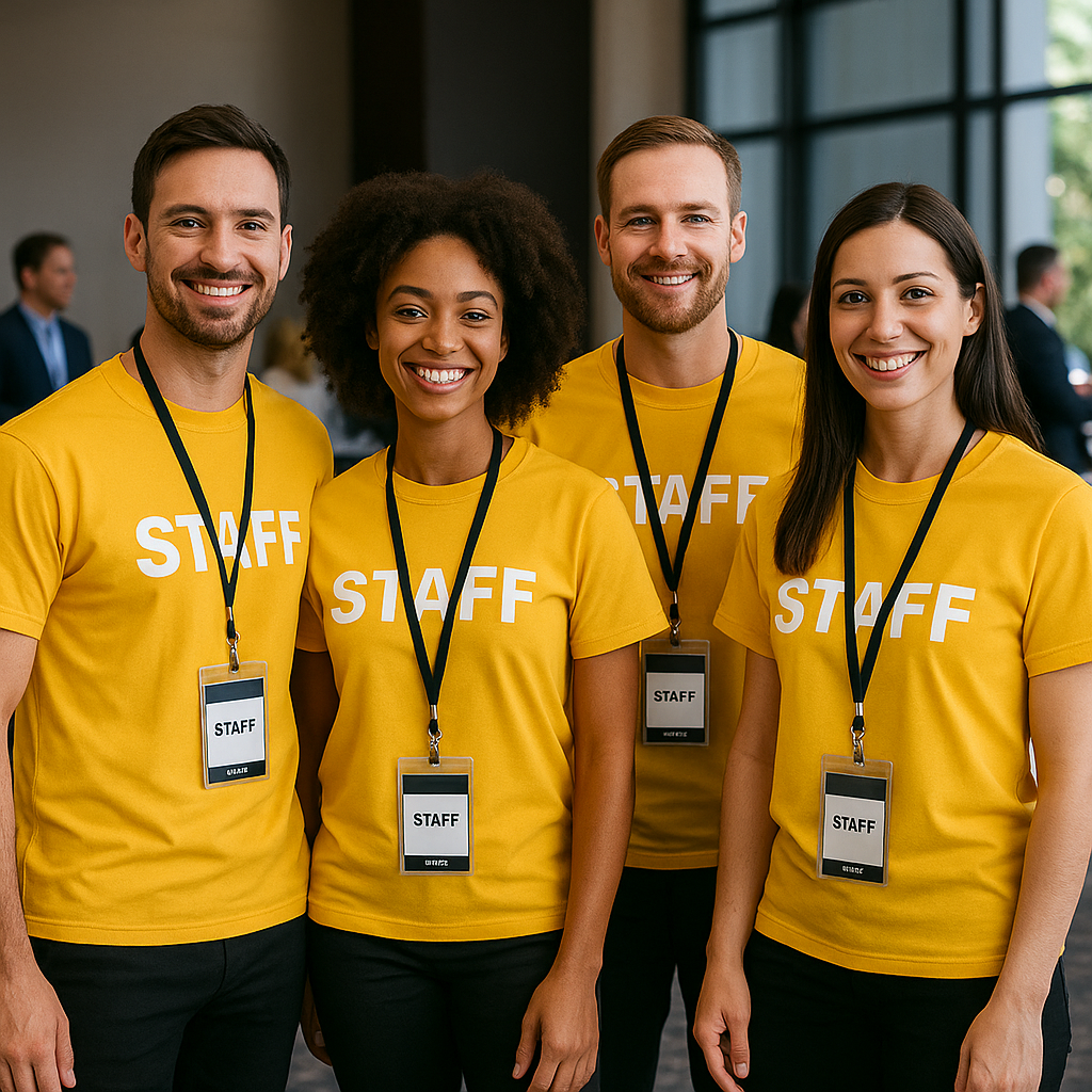 Equipo de staff uniformado en evento corporativo